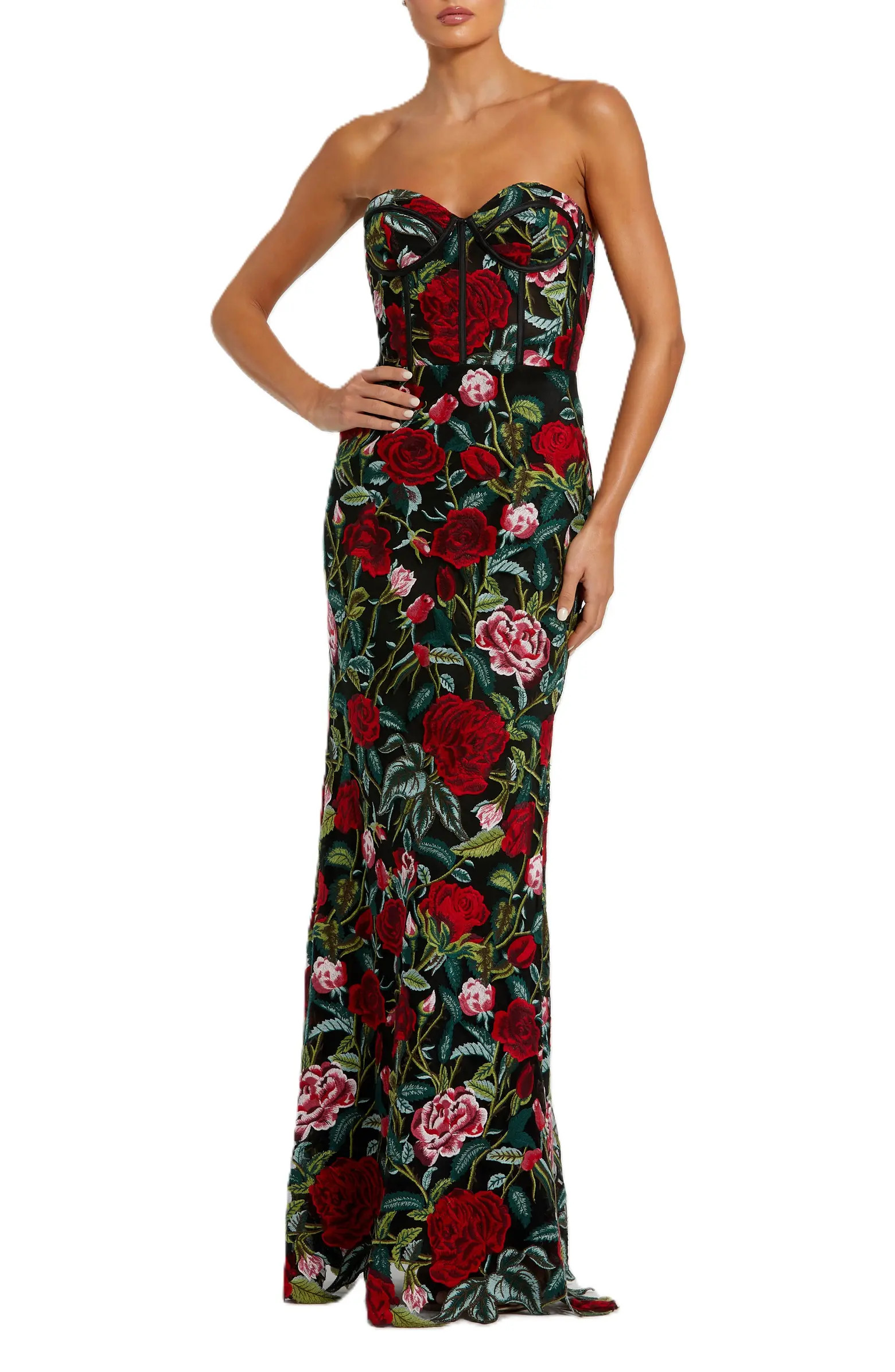 Mac Duggal Sheer Bustier Top Floral Applique Gown | Nordstrom | Nordstrom