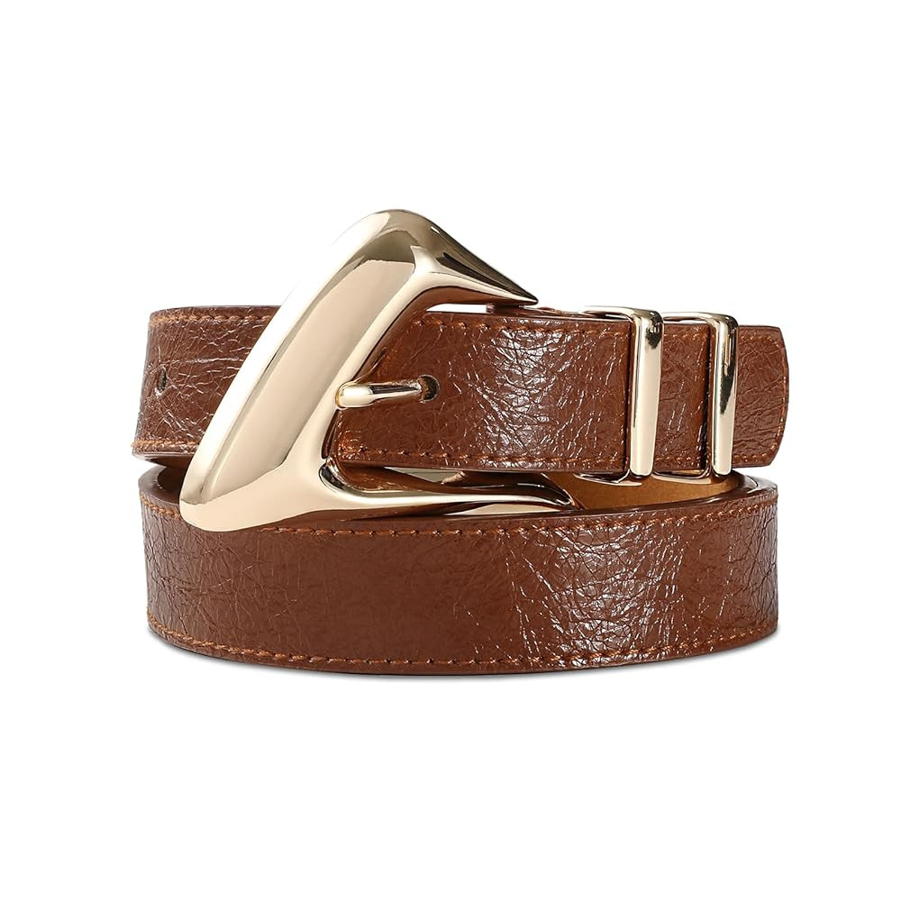 Women's Brown Belt Trend Belt with Gold Buckle Fashion Leather Waist Belt for Jeans Pants | Amazon (US)