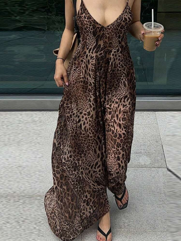 INAWLY Women's Summer Fashion Leopard Print Spaghetti Strap Dress,Flattering,Pear Shape,Apple Shape Friendly,Body Inclusive,3D Tailoring,New Arrival,Slim Fit,Vintage,Vacatio,Party,Dating ,Leopard Print,Animal Print ,Vintage Hot Girl ,Vacation Style Maxi Dress,V-Neck Waist Cinch Maxi Dress | SHEIN