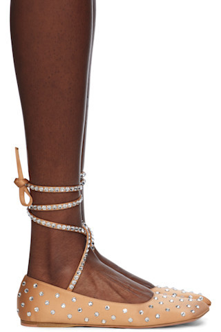 Beige Ane Crystal Lace Up Ballerina Flats | SSENSE