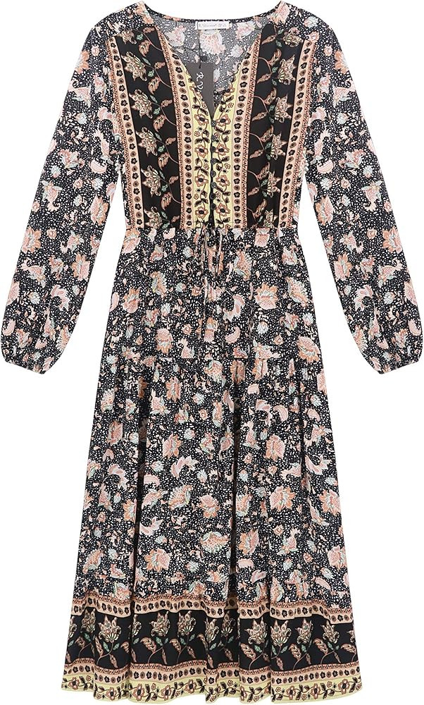 R.Vivimos Women's Long Sleeve Cotton V-Neck Button Up Floral Print Boho Flowy Midi Dresses | Amazon (US)