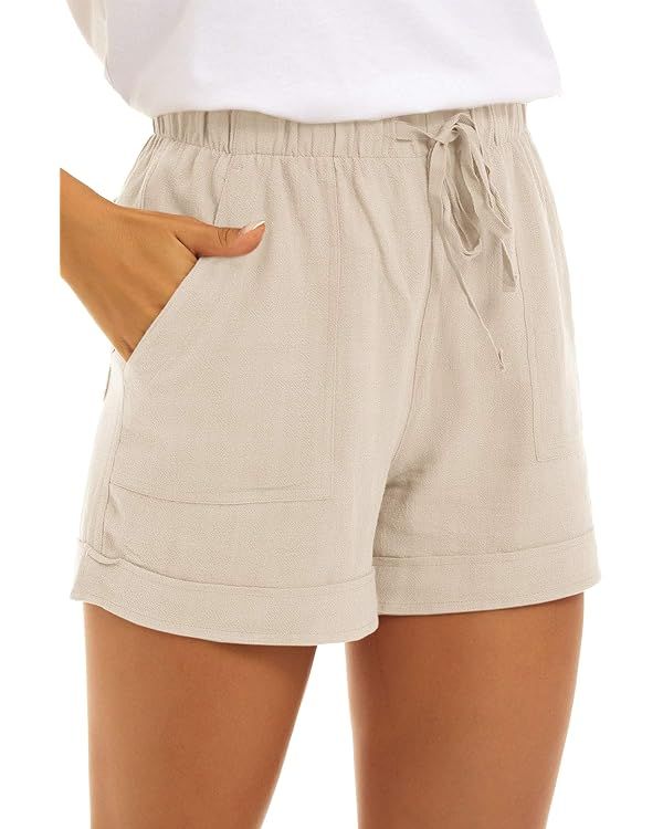 KINGFEN Women Casual Shorts Drawstring Comfy Elastic Waist Shorts Summer Pull On Short with Pocke... | Amazon (US)