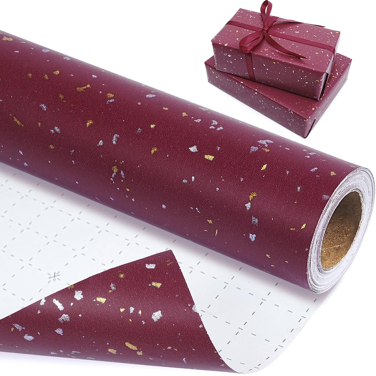 MAMUNU Red Kraft Wrapping Paper Roll, Gold and Silver Foil Flake Design, Matte Red Gift Wrapping ... | Amazon (US)