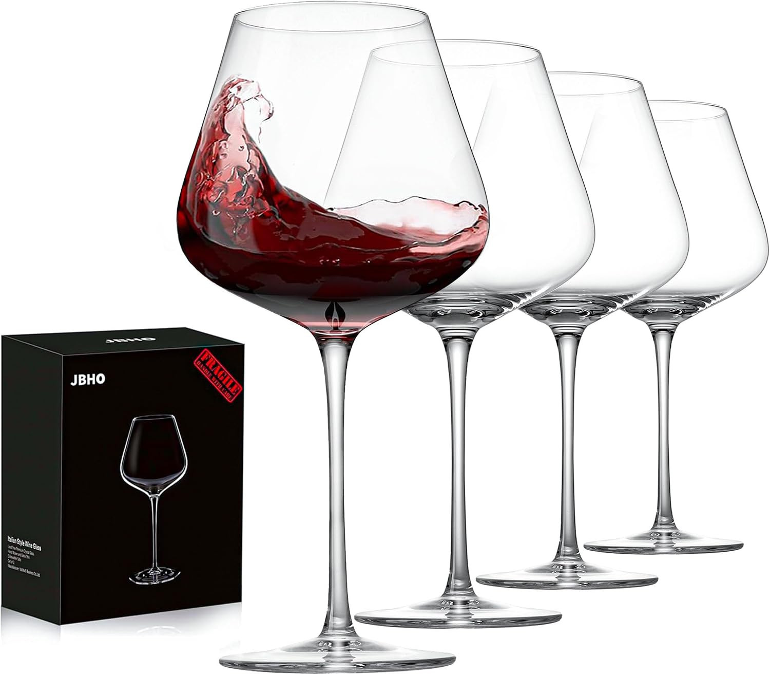 JBHO Set of 4-21 Ounce Hand Blown Italian Style Crystal Burgundy Wine Glasses - Lead-Free Premium Crystal Clear Glass - Gift-Box for any Occasion | Amazon (US)