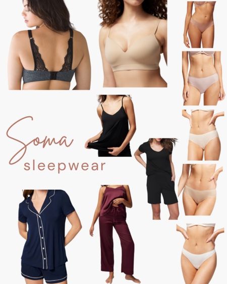 Soma intimates featuring pajamas, bra, underwear. Size small in pajamas. Size medium in underwear, size 32 C in the tan bra and the black bra go up a cup size. For me 32 D. 

#LTKfindsunder100 #LTKfindsunder50 #LTKsalealert