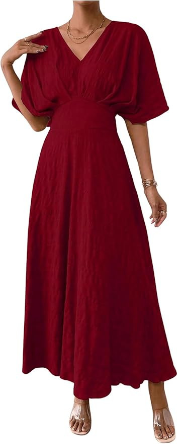 Floerns Women's V Neck Half Sleeve Ruched Cocktail Evening A Line Long Dress | Amazon (US)