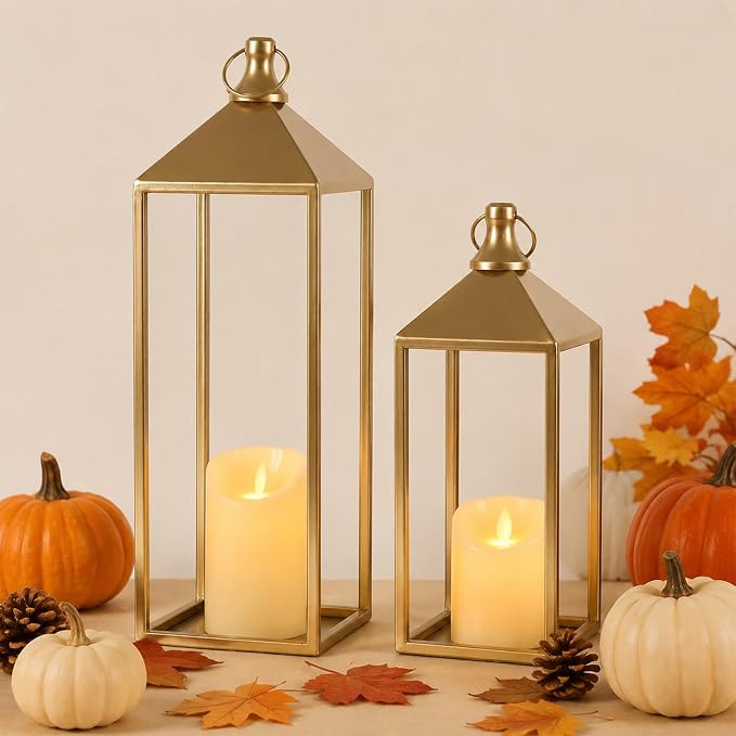 Set of 2 Decorative Lanterns with Candles, Gold Metal Lanterns Decor | Amazon (US)