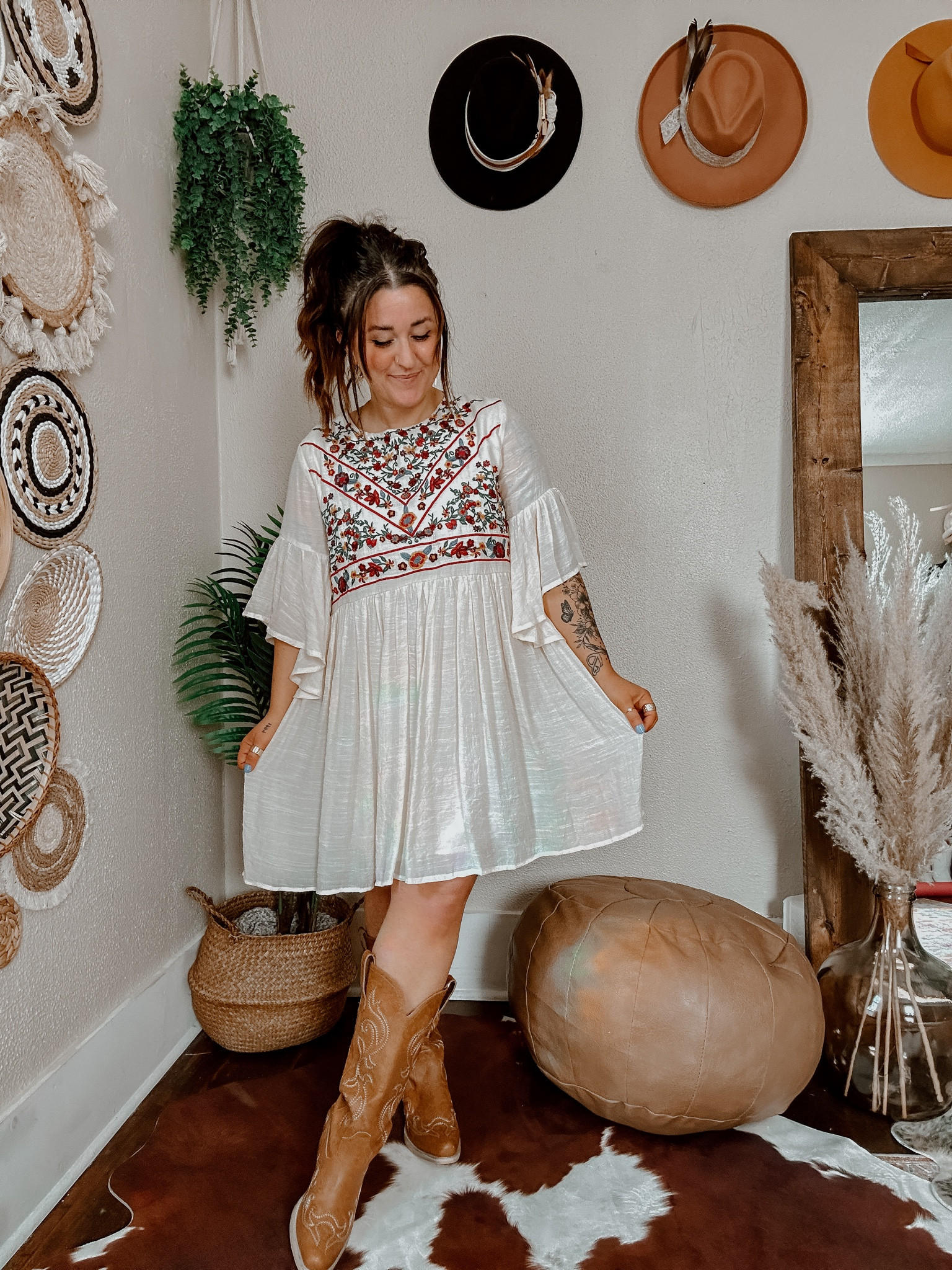 Spring dress outfit inspo! Cream embroidery dress wearing medium, chest area does run tighter! Brown embroidered cowgirl boots wearing my TTS. Gold cross earrings. Easter dress. Easter outfit. Spring occasion dress. Spring occasion. 

#LTKSpringSale #LTKstyletip #LTKSeasonal