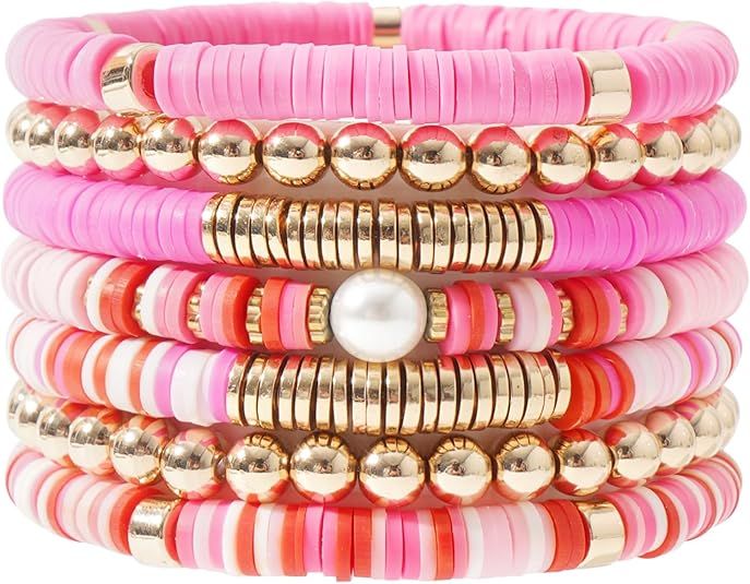 Colorful Heishi Clay Bead Bracelet Set for Women Stackable Vinyl Disc Polymer Beaded Stretch Brac... | Amazon (US)