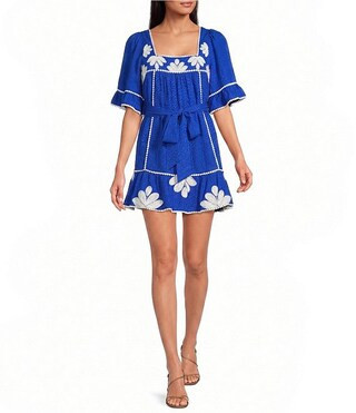 Sugarlips Tanya Floral Embroidered Square Neck Flutter Sleeve Linen Mini Dress | Dillard's | Dillard's