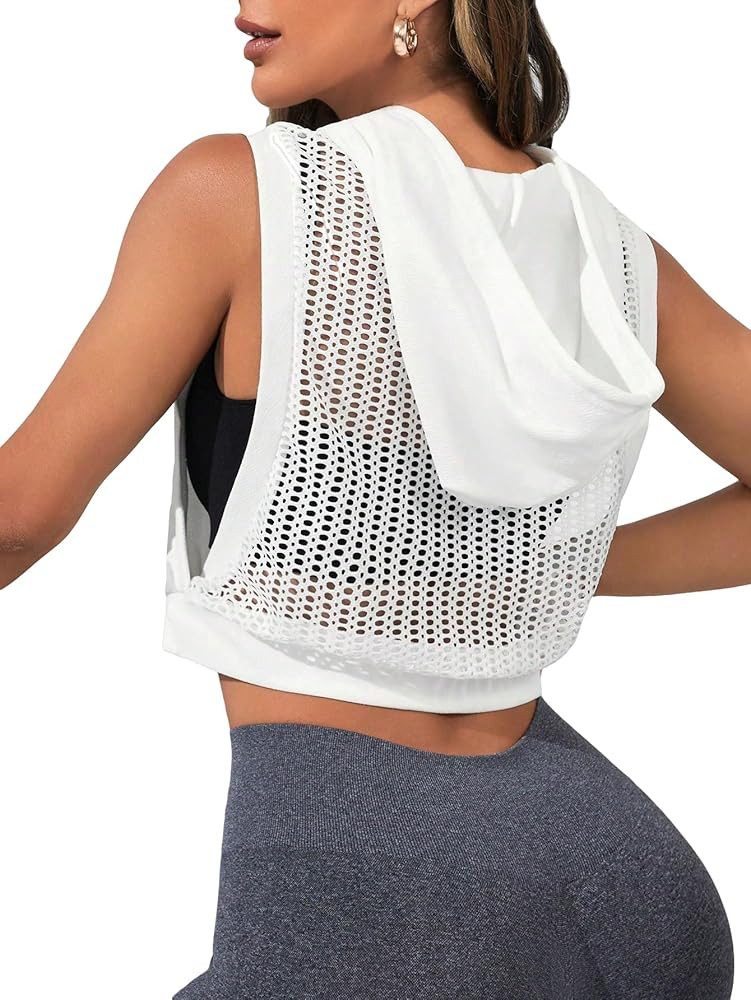OYOANGLE Women's Drawstring Hollow Out Sleeveless Backless Active Gym Hooded Workout Crop Tank To... | Amazon (US)