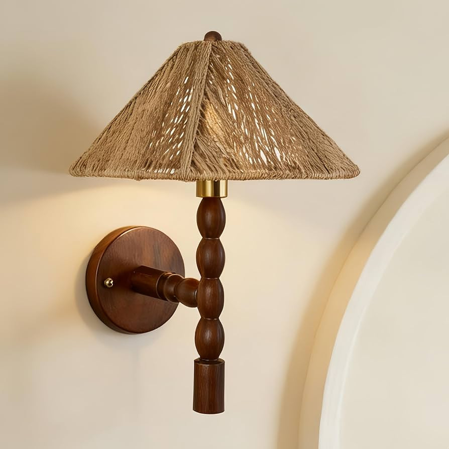 Modern Boho Handwoven Wall Sconce, 11 Inch Jute & Walnut Wood Light with Beaded Accent, Organic T... | Amazon (US)