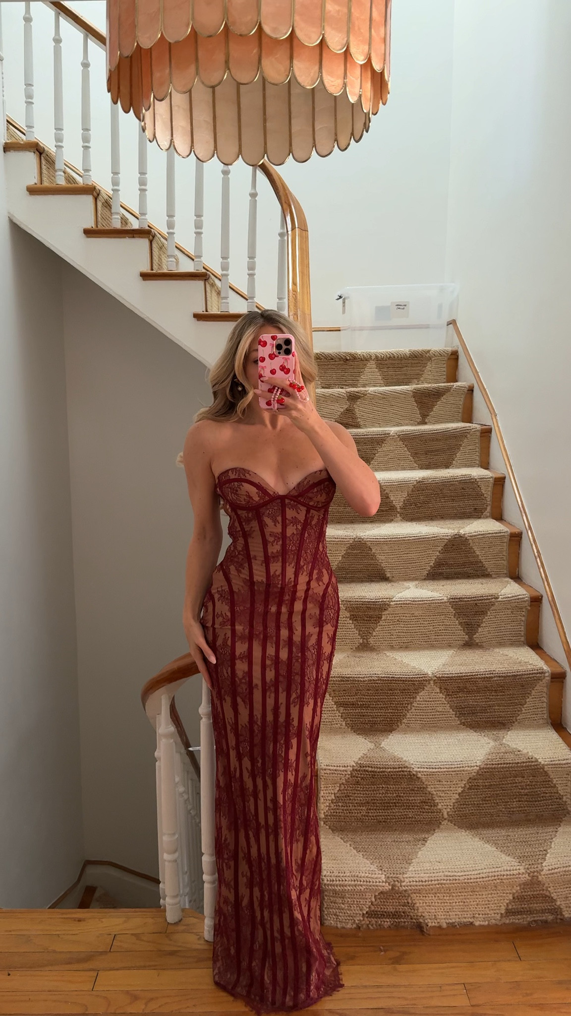 Runs very small size at least one size up, 2 sizes if between sizes. I’m wearing size small (I’m normally xs) and I ripped a little of the lace getting it on it runs smalllll