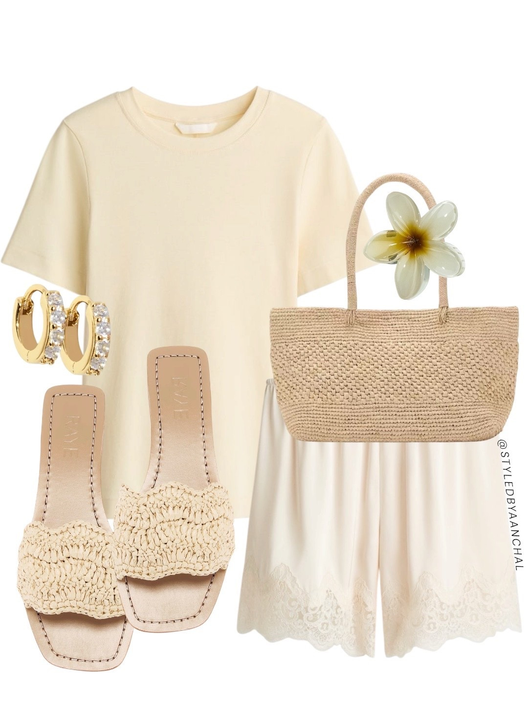 Cream lace shorts outfit


Hm
Lace shorts
Yellow t shirt
 Light Raffia sandals
Raffia bag
Flower claw clip
Mango

#LTKMothersDay #LTKgrwm #LTKootd