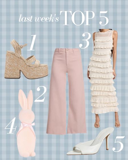 Last week’s Top 5 best sellers! The new spring platforms that are incredibly comfortable, the most flattering pink pants, a chic ruffle dress for spring parties or Easter, the cutest flocked bunnies for your Easter decor and the pair of white heels that go with everything!

#LTKunder100 #LTKshoecrush #LTKFind