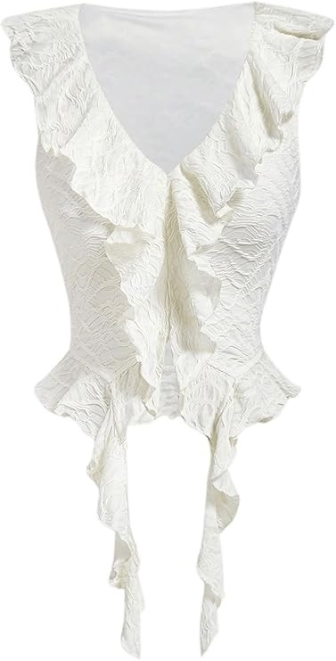 Floerns Women's Y2K Asymmetrical Ruffle Hem Top V Neck Sleeveless Textured Going Out Crop Tops | Amazon (US)