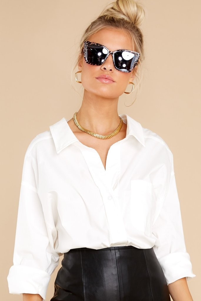 Business Casual White Button Up Top | Red Dress 