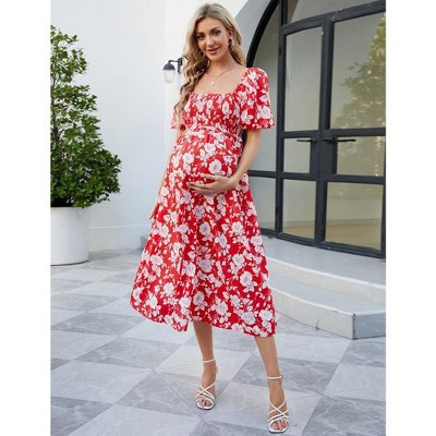 Garvee Women's Maternity Dress Summer Floral Print Square Neck Puff Sleeve Maxi Dress Casual Ruffle A Line Dress for Babyshower Red S | Target