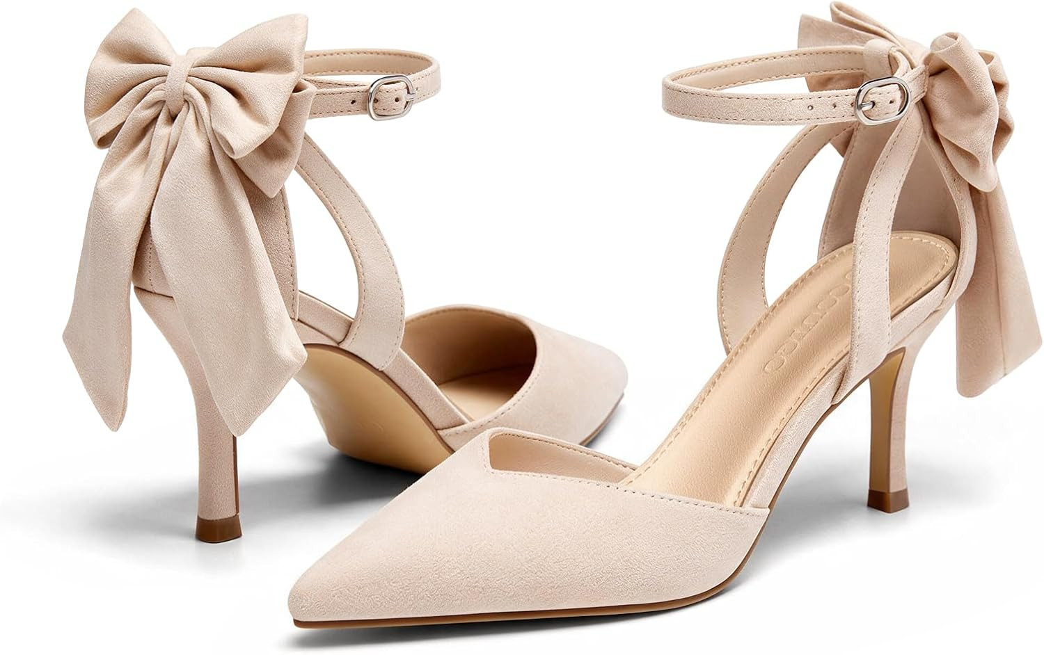 Coutgo Women's Kitten Heels Closed Pointed Toe Pumps Bow Ankle Strap Wedding Party Dress Shoes | Amazon (US)