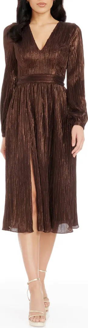 Holly Long Sleeve Metallic Plissé Dress | Nordstrom