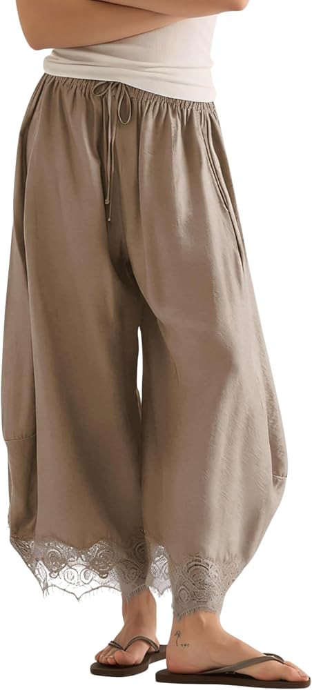 Women's Cropped Lace-Hem Pants Summer Wide Leg Drawstring Waisted Lounge Palazzo Trousers with Po... | Amazon (US)
