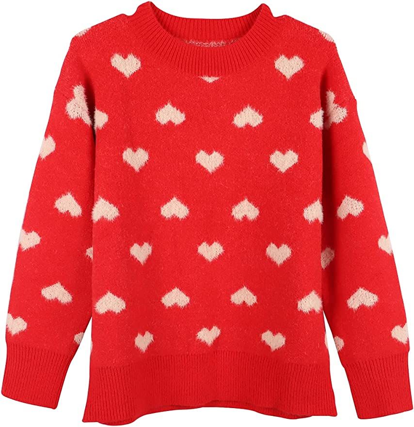 Arssm Women's Casual Loose Crew Neck Long Sleeve Cute Heart Pullover Knitted Sweater(Red-S) | Amazon (US)