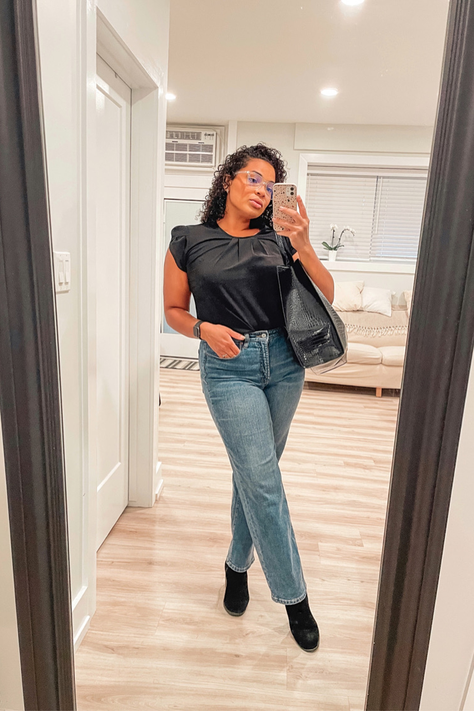 Simple jeans for the office work day! Paired with heels, oversized bag, blue light glasses, and style!

#LTKstyletip #LTKhome #LTKworkwear