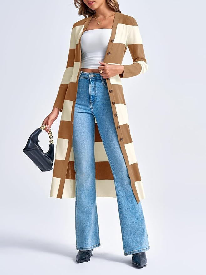 Saodimallsu Womens Striped Sweater Dress Button V Neck Long Sleeve Knit Fall Trendy Bodycon Midi ... | Amazon (US)