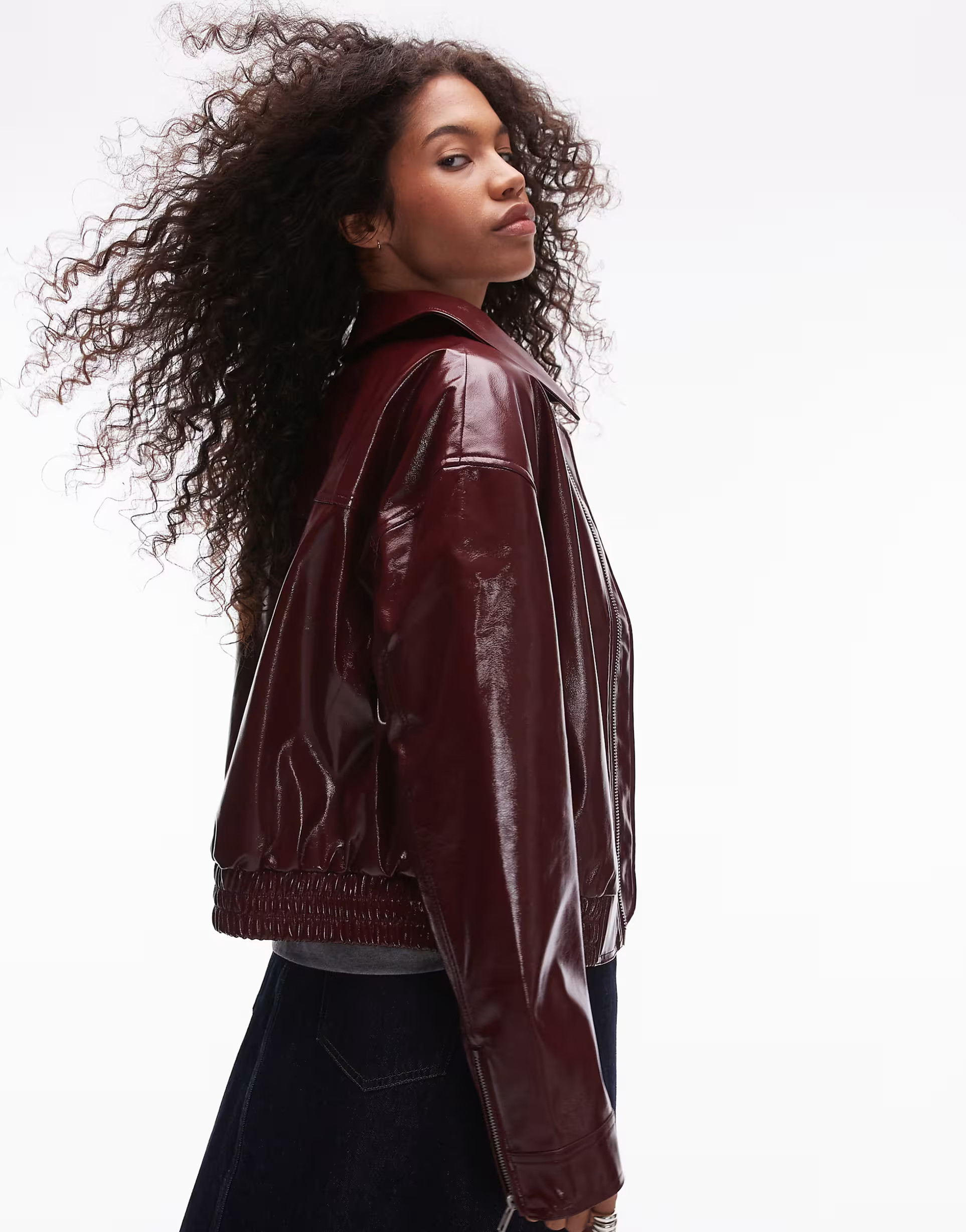 Topshop faux leather vinyl bomber jacket in burgundy | ASOS (Global)