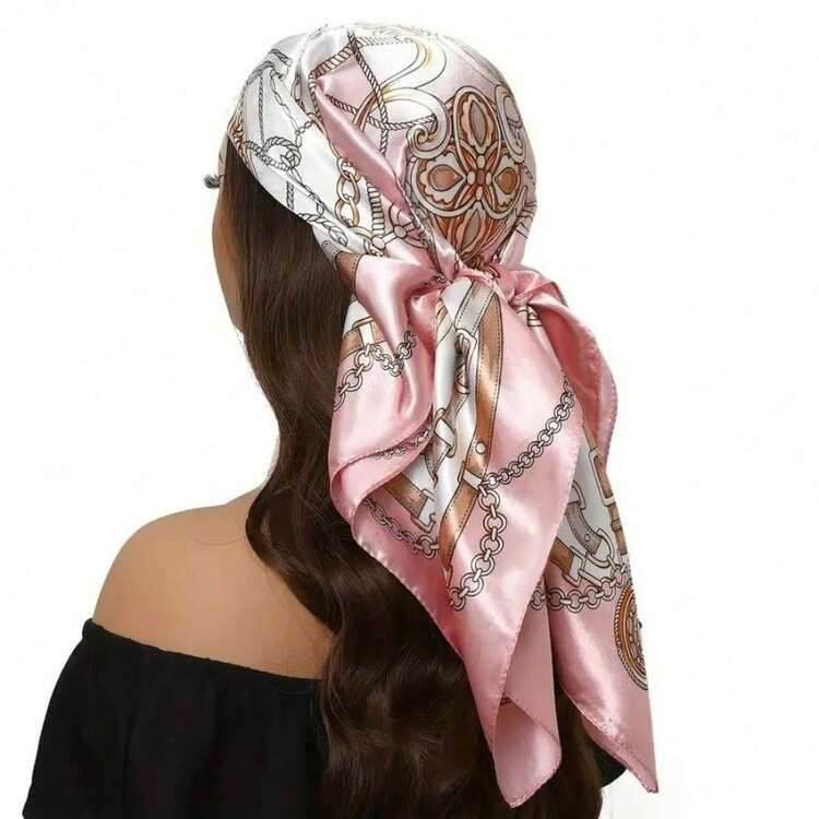 1 Pink Headscarf For Women's Hair - Chain And Intricate Print Headscarf For Women | SHEIN