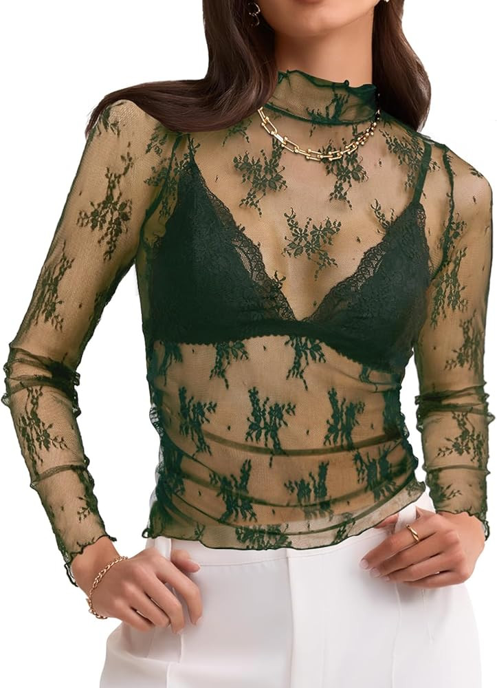 LEANI Women's 2024 Sheer Mesh Crop Top Long Sleeve Mock Neck Lace Floral See Through Y2K Shirt Bl... | Amazon (US)