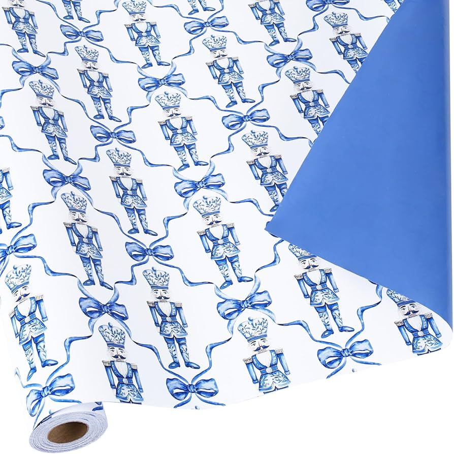 LaRibbons Reversible Christmas Wrapping Paper Mini Roll, Blue Nutcracker and Bow Pattern Toile De... | Amazon (US)