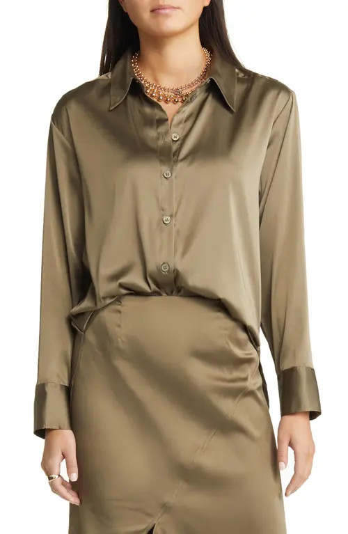 Open Edit Satin Button-Up Shirt in Olive Dusk at Nordstrom, Size X-Large | Nordstrom