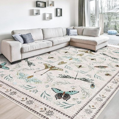 Insect-Resistant Machine Washable Soft Rug - Low Pile, Non-Slip, Ultra-Thin for Living Room & Bedroom (5'x7' Beige, Farmhouse Style) | Target
