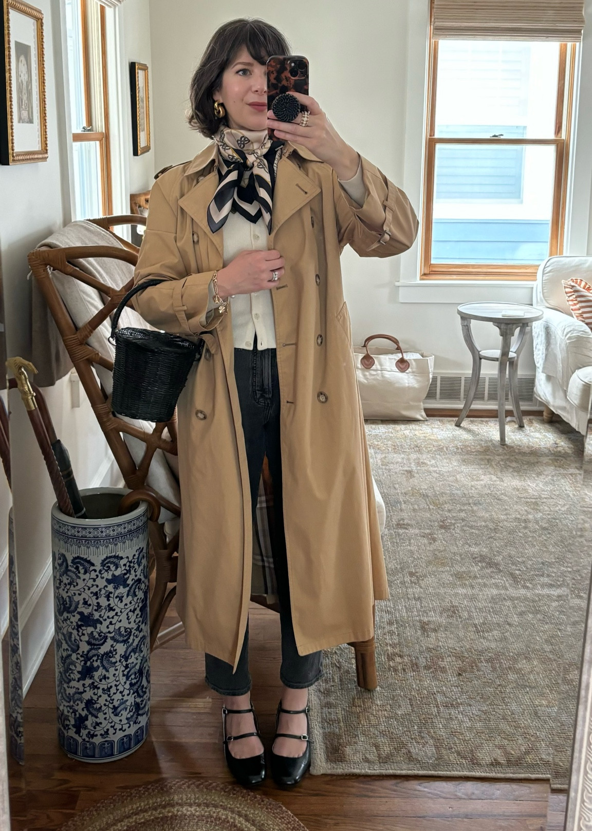 Wearing my trusty trench coat and new favorite Fleur Sauvage silk scarf! 🧥 

#LTKstyletip #LTKshoecrush #LTKover40