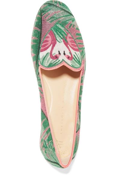 Flamingo leather-trimmed embroidered canvas slippers | NET-A-PORTER (US)