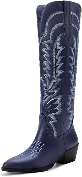 Vertundy Knee High Cowboy Boots For Women Pointed Toe Cowgirl Low Chunky Heel Western Boots | Amazon (US)
