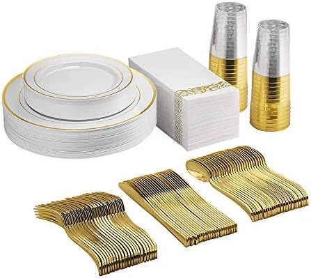AIDEA 175 Pieces Disposable Dinnerware Set 25 Guests -50 Gold Rim Plastic Plates -75 Gold Plastic... | Amazon (US)