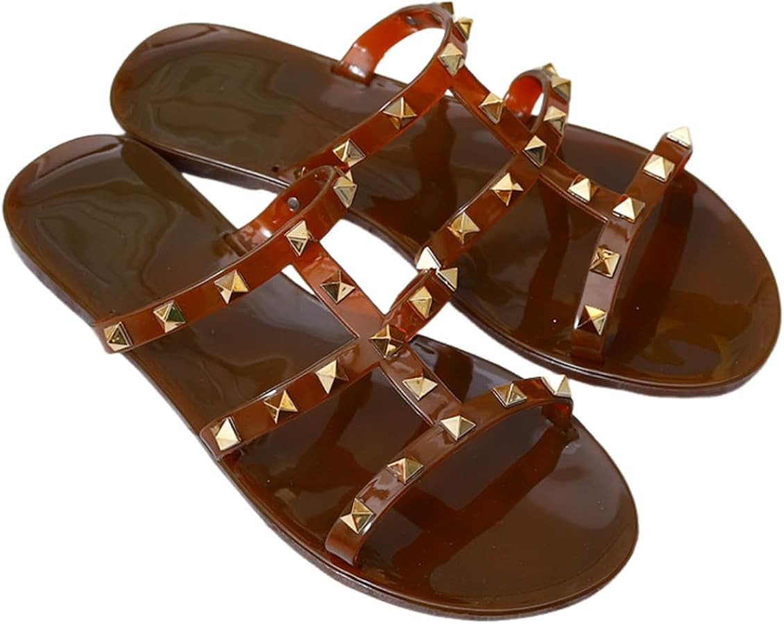 Women Multicolor Flats Sandals Studded Jelly Shoes Dressy Summer Beach Strappy Jellies Slide Slip... | Amazon (US)