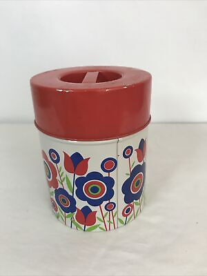 Vintage 1970s FLOWER POWER METAL TIN Container Round Floral Red Blue Green | eBay US