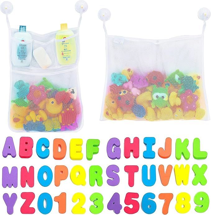 Comfylife 2 x Mesh Bath Toy Organizer + 6 Ultra Strong Hooks + 36 Bath Letters & Numbers – Eco-... | Amazon (US)