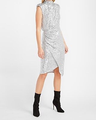 Sequin Asymmetrical Mock Neck Dress Gray Women's XXS | Express