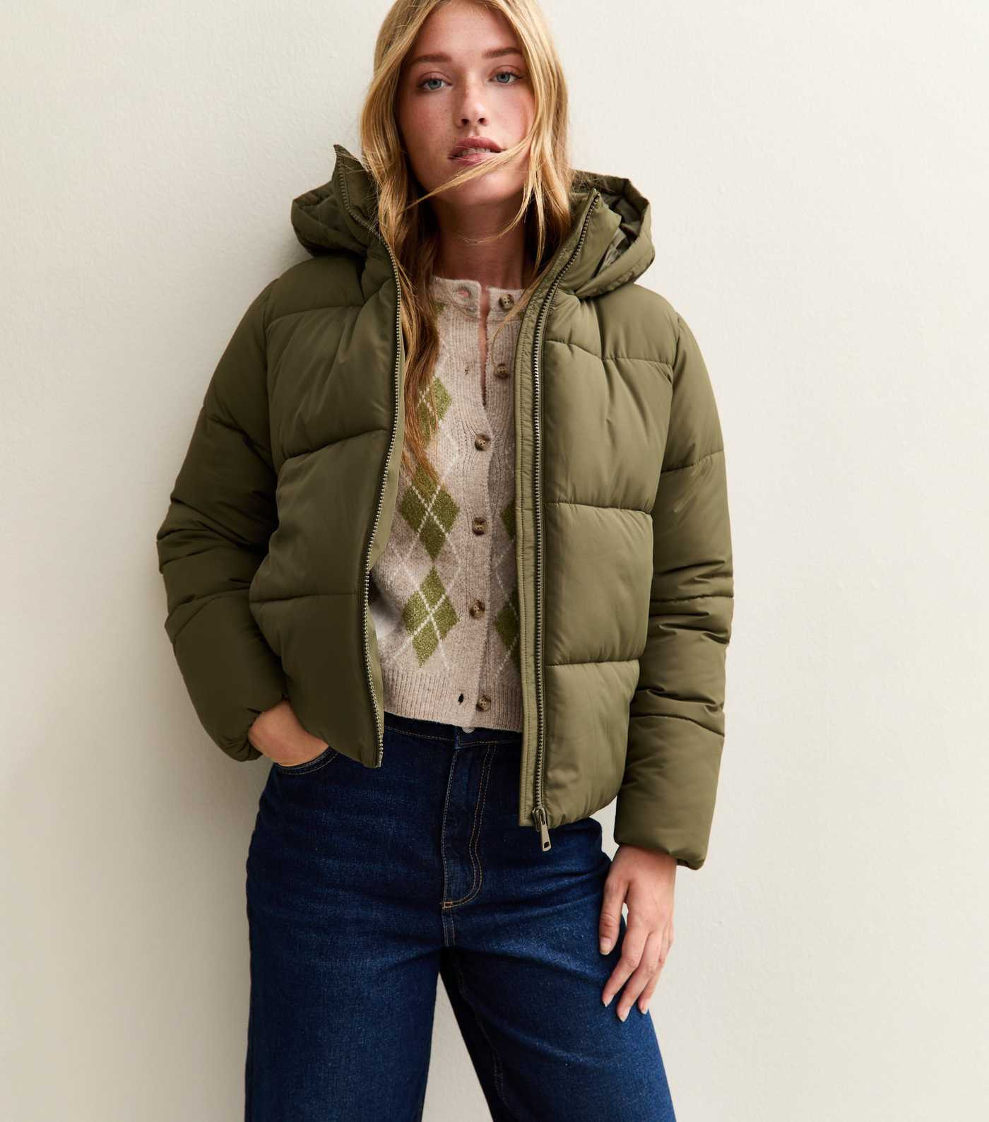 Dark Khaki Hooded Cropped Puffer Jacket | New Look | New Look (UK)
