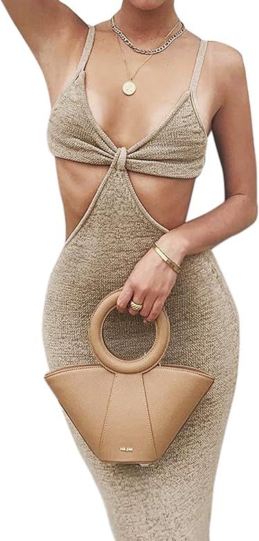 Womens Sexy V-Neck Maxi Knotted Dress, Cutouts Sleeveless Long Dress Summer Outfits | Amazon (US)