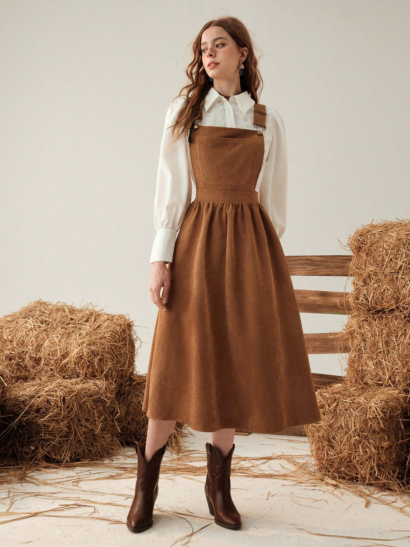 SHEIN MOD Solid Corduroy Overall Dress Without Shirt | SHEIN