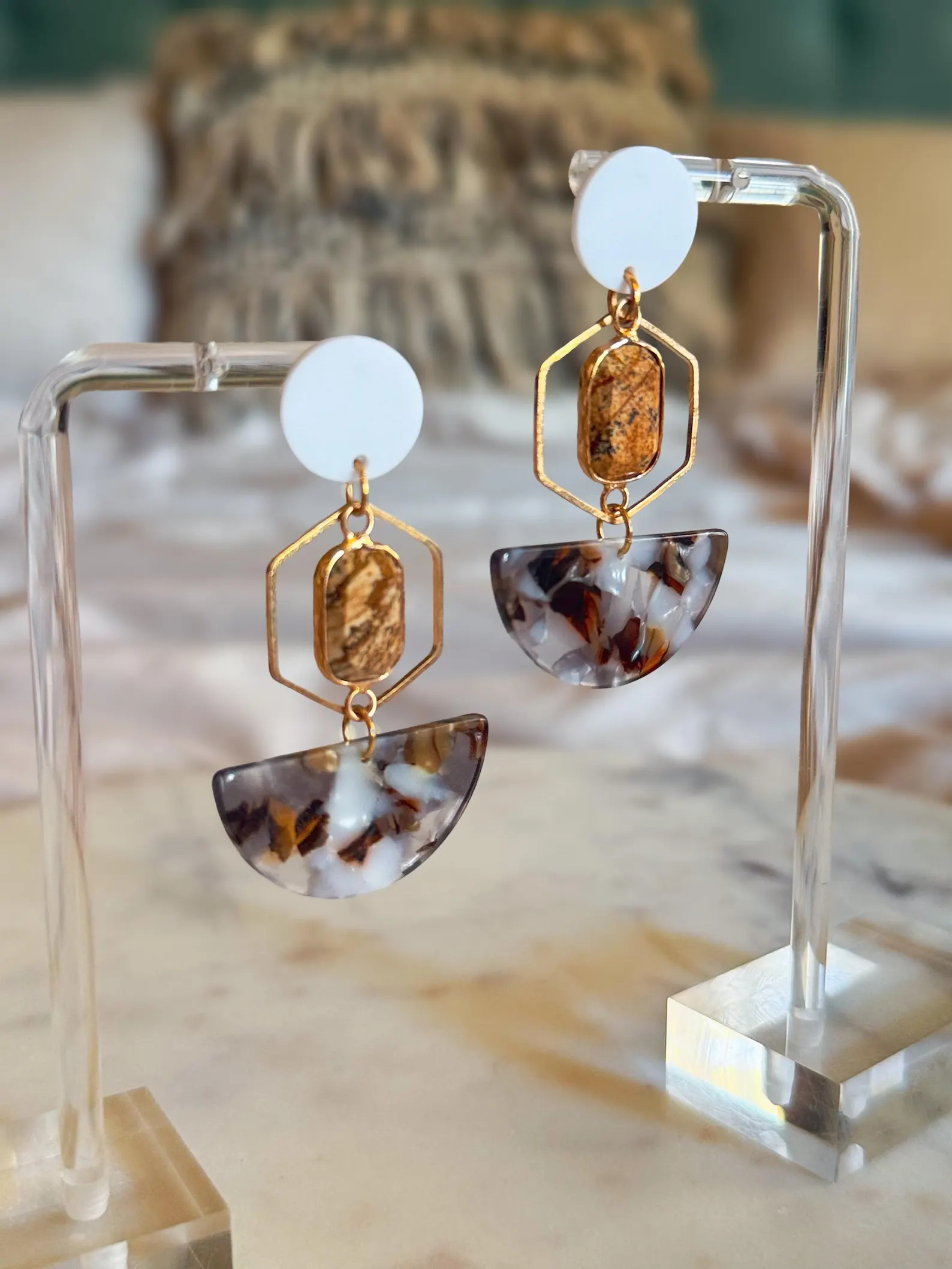 Neutral Brown Modern Boho Half Moon Geometric Dangle Statement Earrings | Acrylic Earrings | Maxi... | Etsy (US)