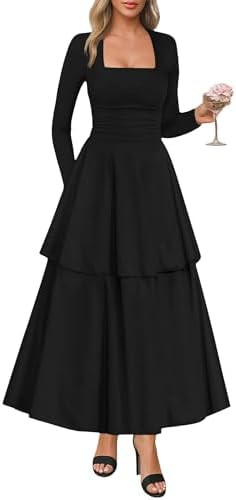 Lazysmile Women's Long Sleeve Fall Dresses Square Neck Ruched Waist Ruffle Hem Flowy Elegant Mode... | Amazon (US)