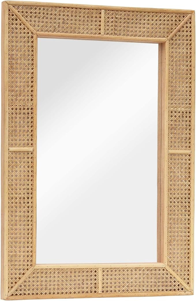 PARISLOFT Wooden and Rattan Mirrors, Boho Rectangle Wall Mirror for Living Room, Bedroom, 37.8'' | Amazon (US)