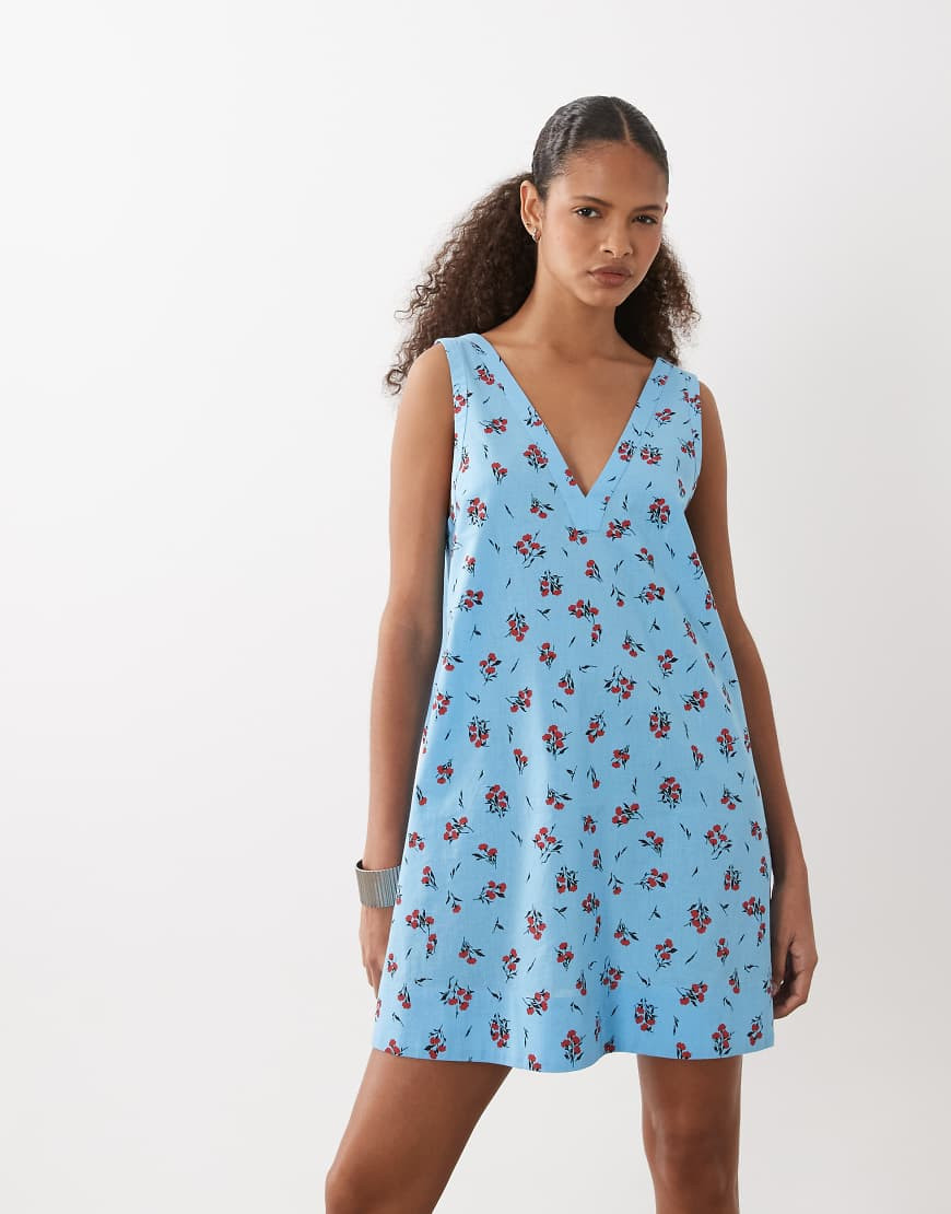 ASOS DESIGN cotton linen v neck smock mini dress in blue floral - MULTI | ASOS (Global)
