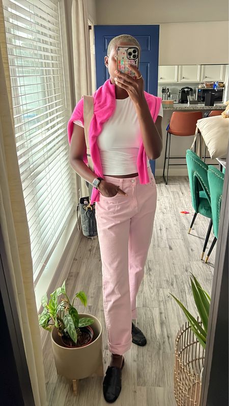 Casual Barbie pink outfit! Hot pink cashmere sweater, light pink loose jeans, white seamless cropped tee, black fisherman sandals and black gucci bucket purse  

#LTKfindsunder100 #LTKSeasonal #LTKSale